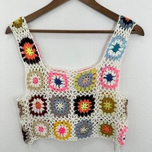 Le Lis Collection Crochet Crop Top Colorful Granny Square Knit Vest S